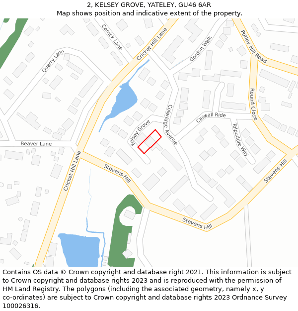 2, KELSEY GROVE, YATELEY, GU46 6AR: Location map and indicative extent of plot