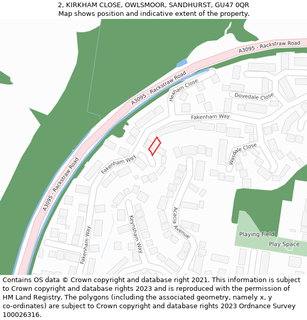 2, KIRKHAM CLOSE, OWLSMOOR, SANDHURST, GU47 0QR: Location map and indicative extent of plot