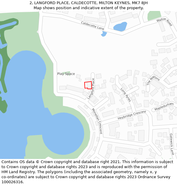 2, LANGFORD PLACE, CALDECOTTE, MILTON KEYNES, MK7 8JH: Location map and indicative extent of plot