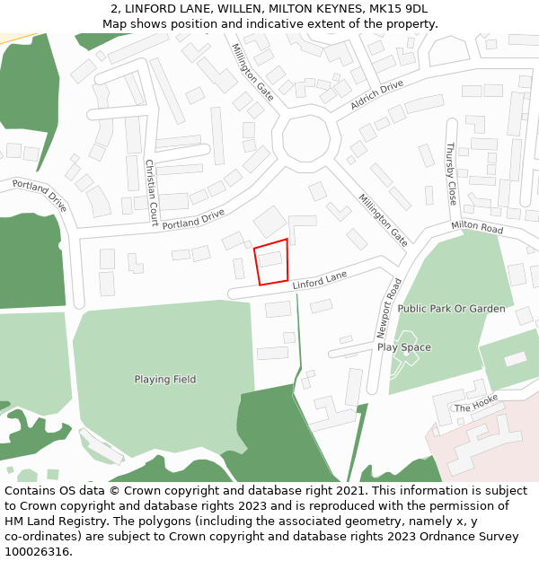 2, LINFORD LANE, WILLEN, MILTON KEYNES, MK15 9DL: Location map and indicative extent of plot