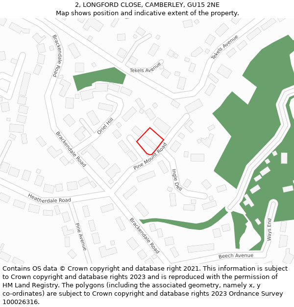 2, LONGFORD CLOSE, CAMBERLEY, GU15 2NE: Location map and indicative extent of plot