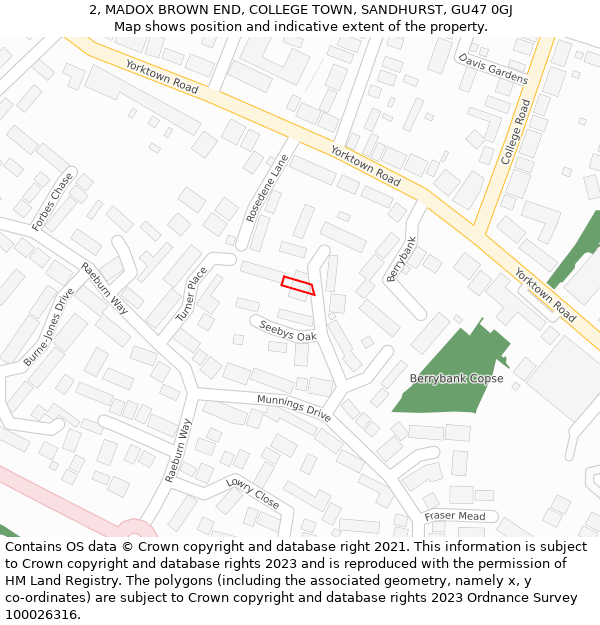 2, MADOX BROWN END, COLLEGE TOWN, SANDHURST, GU47 0GJ: Location map and indicative extent of plot