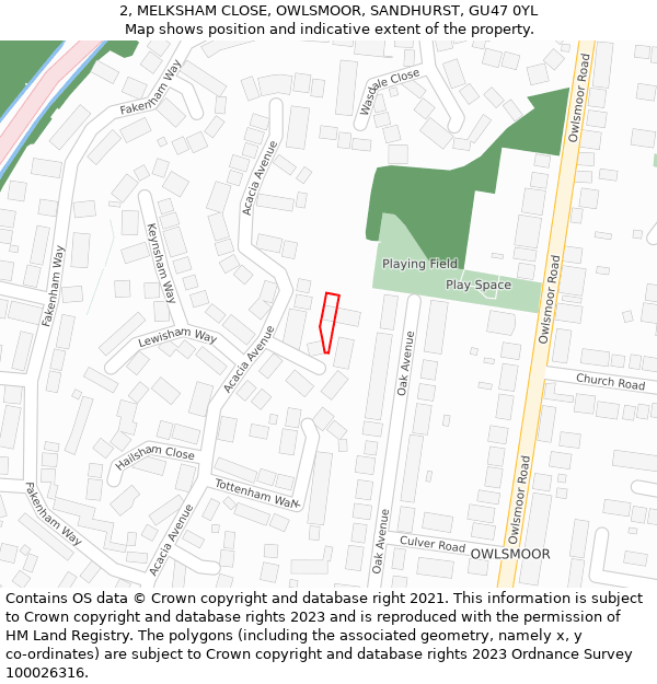 2, MELKSHAM CLOSE, OWLSMOOR, SANDHURST, GU47 0YL: Location map and indicative extent of plot