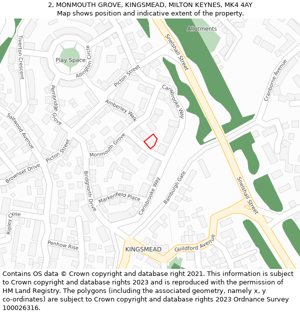 2, MONMOUTH GROVE, KINGSMEAD, MILTON KEYNES, MK4 4AY: Location map and indicative extent of plot