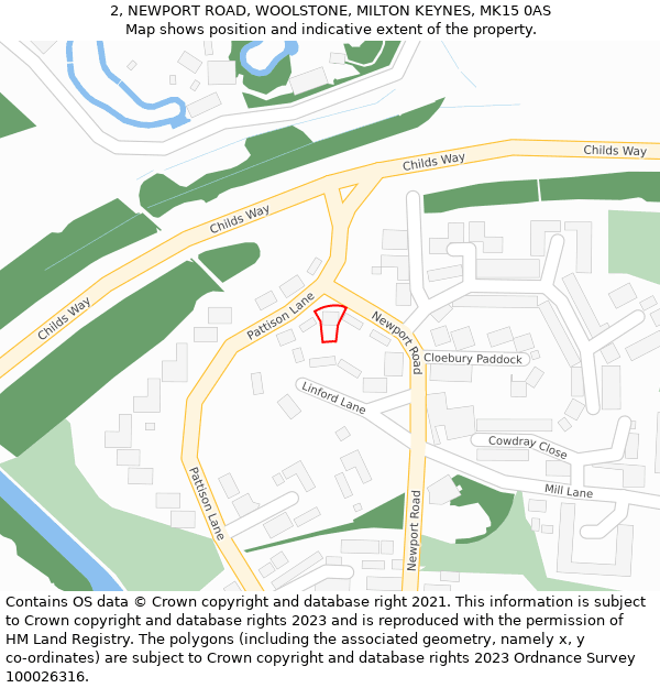 2, NEWPORT ROAD, WOOLSTONE, MILTON KEYNES, MK15 0AS: Location map and indicative extent of plot