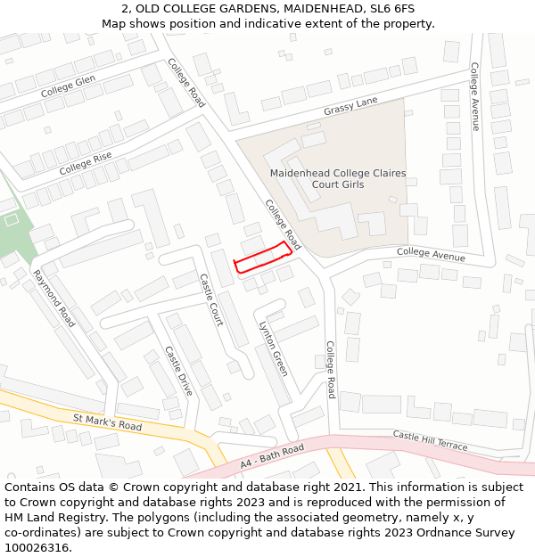 2, OLD COLLEGE GARDENS, MAIDENHEAD, SL6 6FS: Location map and indicative extent of plot