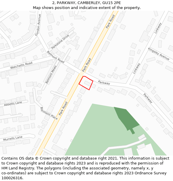 2, PARKWAY, CAMBERLEY, GU15 2PE: Location map and indicative extent of plot