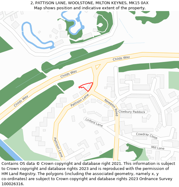 2, PATTISON LANE, WOOLSTONE, MILTON KEYNES, MK15 0AX: Location map and indicative extent of plot