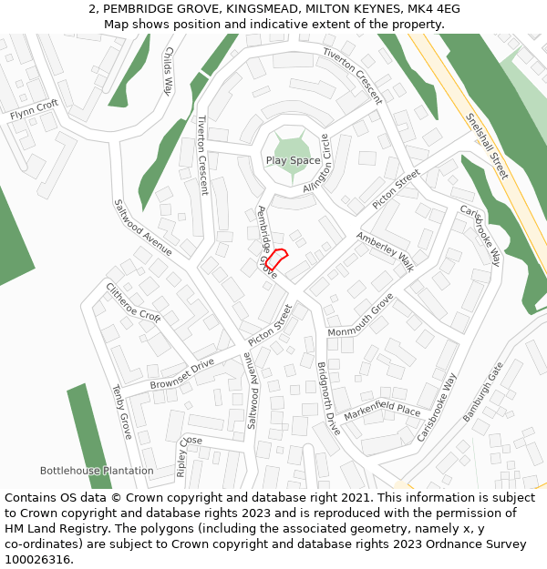 2, PEMBRIDGE GROVE, KINGSMEAD, MILTON KEYNES, MK4 4EG: Location map and indicative extent of plot