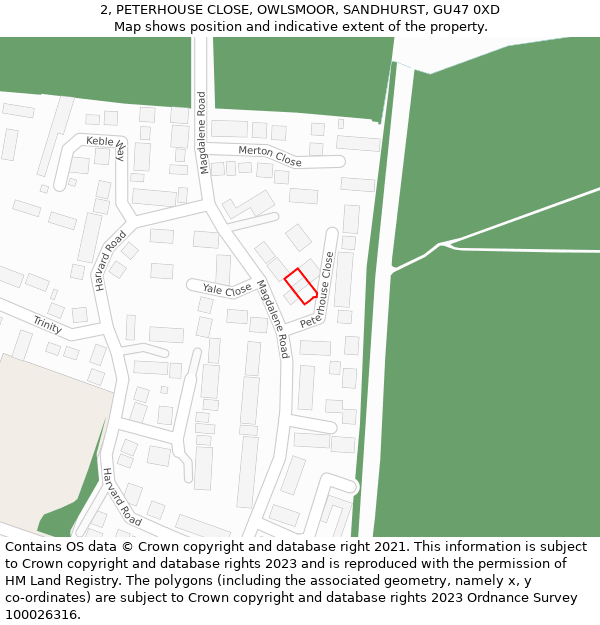 2, PETERHOUSE CLOSE, OWLSMOOR, SANDHURST, GU47 0XD: Location map and indicative extent of plot
