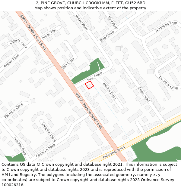 2, PINE GROVE, CHURCH CROOKHAM, FLEET, GU52 6BD: Location map and indicative extent of plot