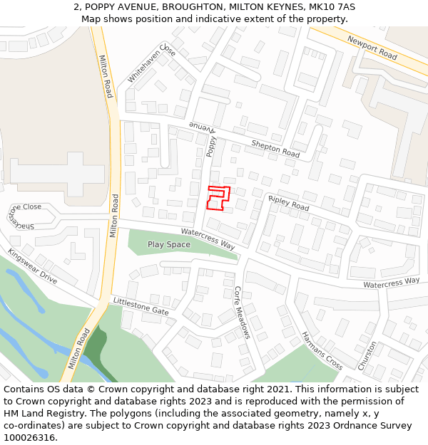 2, POPPY AVENUE, BROUGHTON, MILTON KEYNES, MK10 7AS: Location map and indicative extent of plot