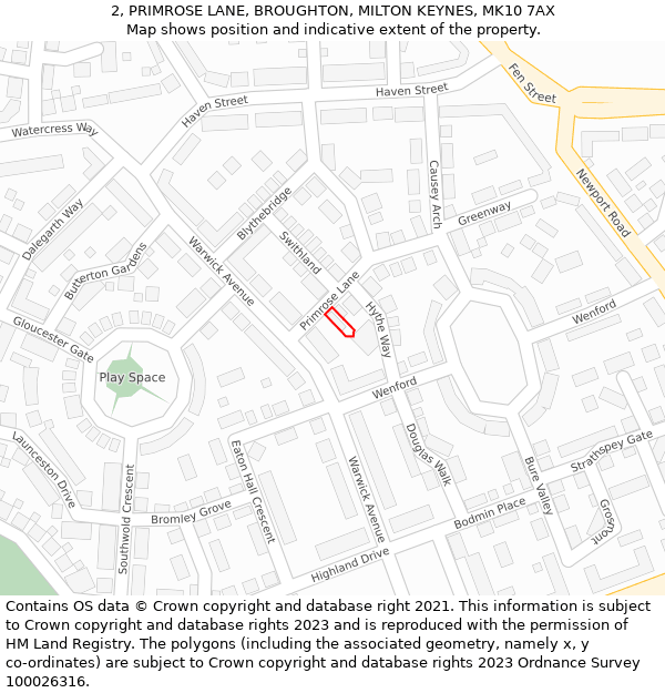 2, PRIMROSE LANE, BROUGHTON, MILTON KEYNES, MK10 7AX: Location map and indicative extent of plot
