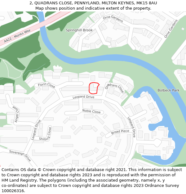 2, QUADRANS CLOSE, PENNYLAND, MILTON KEYNES, MK15 8AU: Location map and indicative extent of plot