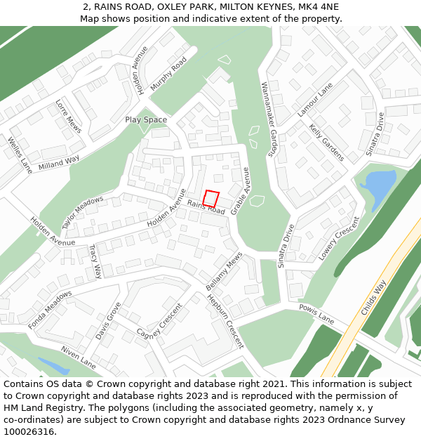 2, RAINS ROAD, OXLEY PARK, MILTON KEYNES, MK4 4NE: Location map and indicative extent of plot