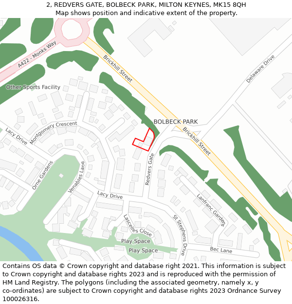 2, REDVERS GATE, BOLBECK PARK, MILTON KEYNES, MK15 8QH: Location map and indicative extent of plot