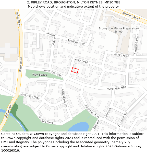 2, RIPLEY ROAD, BROUGHTON, MILTON KEYNES, MK10 7BE: Location map and indicative extent of plot