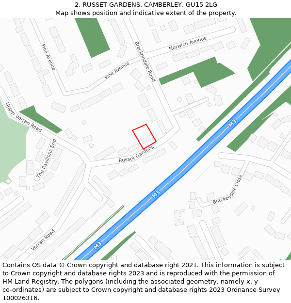 2, RUSSET GARDENS, CAMBERLEY, GU15 2LG: Location map and indicative extent of plot