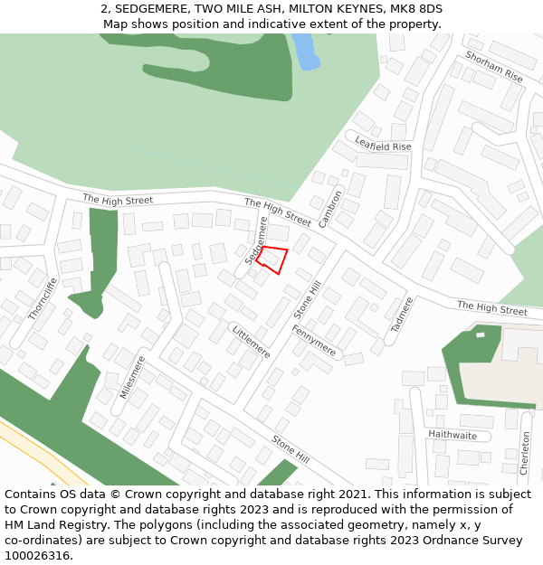 2, SEDGEMERE, TWO MILE ASH, MILTON KEYNES, MK8 8DS: Location map and indicative extent of plot