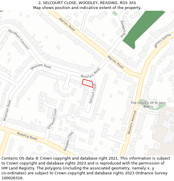 2, SELCOURT CLOSE, WOODLEY, READING, RG5 3AS: Location map and indicative extent of plot