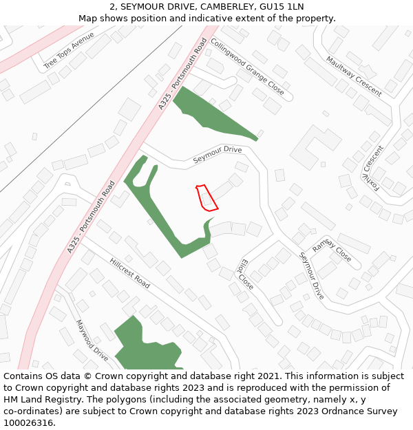 2, SEYMOUR DRIVE, CAMBERLEY, GU15 1LN: Location map and indicative extent of plot