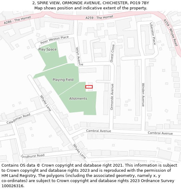 2, SPIRE VIEW, ORMONDE AVENUE, CHICHESTER, PO19 7BY: Location map and indicative extent of plot