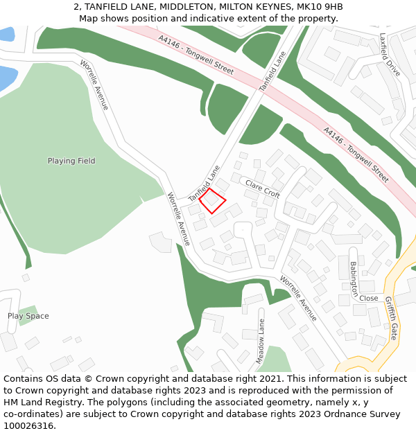 2, TANFIELD LANE, MIDDLETON, MILTON KEYNES, MK10 9HB: Location map and indicative extent of plot