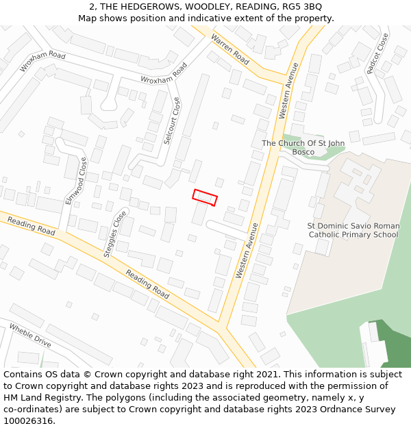 2, THE HEDGEROWS, WOODLEY, READING, RG5 3BQ: Location map and indicative extent of plot