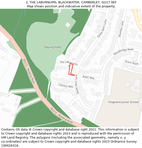 2, THE LABURNUMS, BLACKWATER, CAMBERLEY, GU17 0EF: Location map and indicative extent of plot