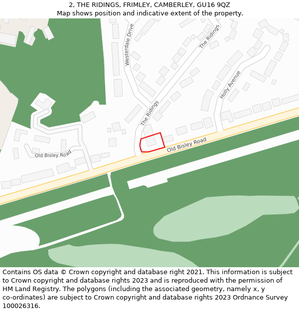 2, THE RIDINGS, FRIMLEY, CAMBERLEY, GU16 9QZ: Location map and indicative extent of plot