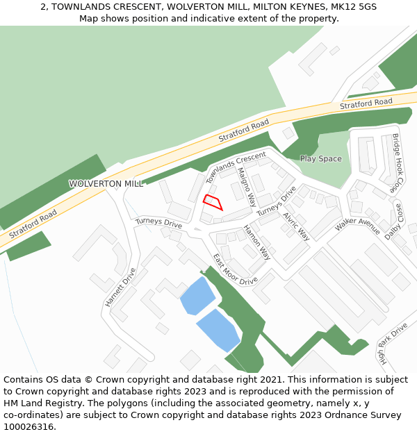 2, TOWNLANDS CRESCENT, WOLVERTON MILL, MILTON KEYNES, MK12 5GS: Location map and indicative extent of plot