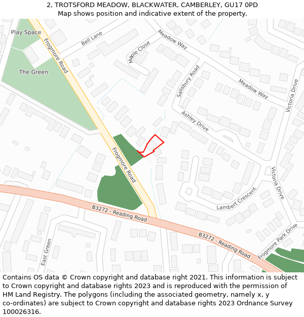 2, TROTSFORD MEADOW, BLACKWATER, CAMBERLEY, GU17 0PD: Location map and indicative extent of plot