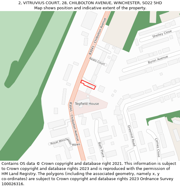 2, VITRUVIUS COURT, 28, CHILBOLTON AVENUE, WINCHESTER, SO22 5HD: Location map and indicative extent of plot