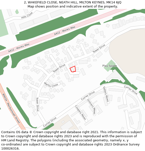 2, WAKEFIELD CLOSE, NEATH HILL, MILTON KEYNES, MK14 6JQ: Location map and indicative extent of plot