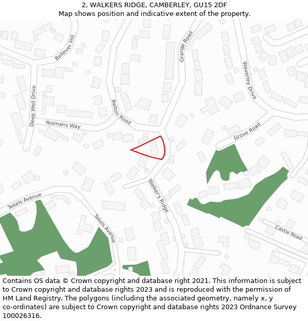 2, WALKERS RIDGE, CAMBERLEY, GU15 2DF: Location map and indicative extent of plot