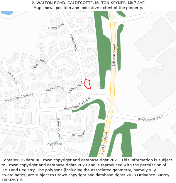 2, WALTON ROAD, CALDECOTTE, MILTON KEYNES, MK7 8AE: Location map and indicative extent of plot