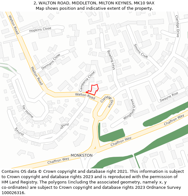 2, WALTON ROAD, MIDDLETON, MILTON KEYNES, MK10 9AX: Location map and indicative extent of plot