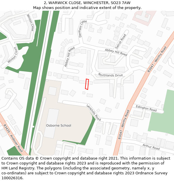 2, WARWICK CLOSE, WINCHESTER, SO23 7AW: Location map and indicative extent of plot