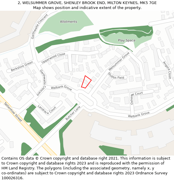 2, WELSUMMER GROVE, SHENLEY BROOK END, MILTON KEYNES, MK5 7GE: Location map and indicative extent of plot