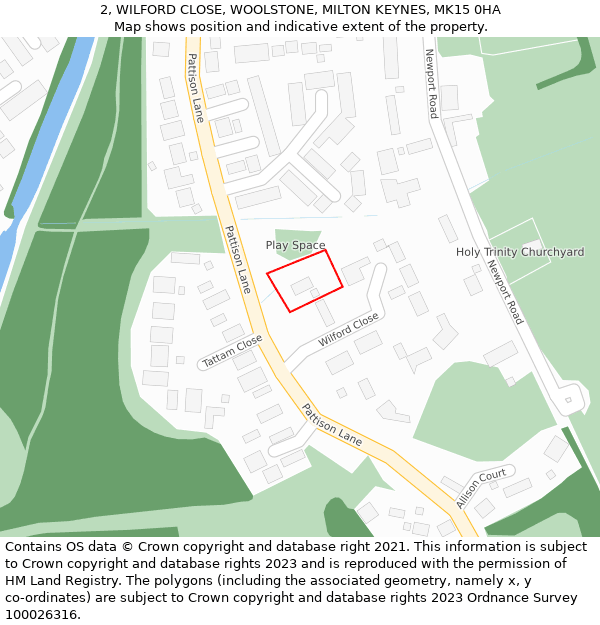2, WILFORD CLOSE, WOOLSTONE, MILTON KEYNES, MK15 0HA: Location map and indicative extent of plot