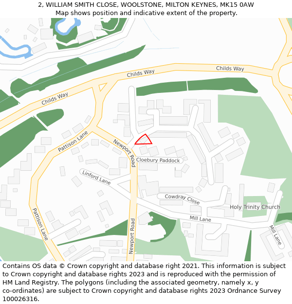 2, WILLIAM SMITH CLOSE, WOOLSTONE, MILTON KEYNES, MK15 0AW: Location map and indicative extent of plot