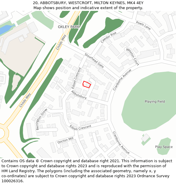 20, ABBOTSBURY, WESTCROFT, MILTON KEYNES, MK4 4EY: Location map and indicative extent of plot