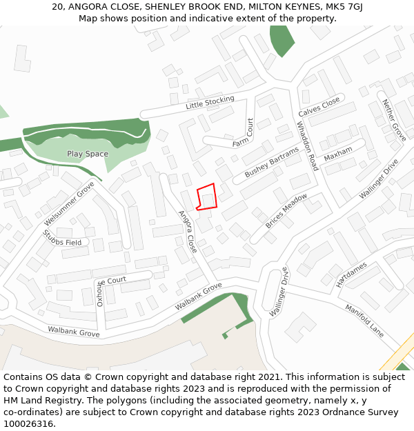 20, ANGORA CLOSE, SHENLEY BROOK END, MILTON KEYNES, MK5 7GJ: Location map and indicative extent of plot