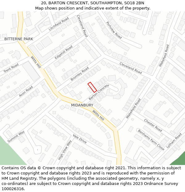 20, BARTON CRESCENT, SOUTHAMPTON, SO18 2BN: Location map and indicative extent of plot