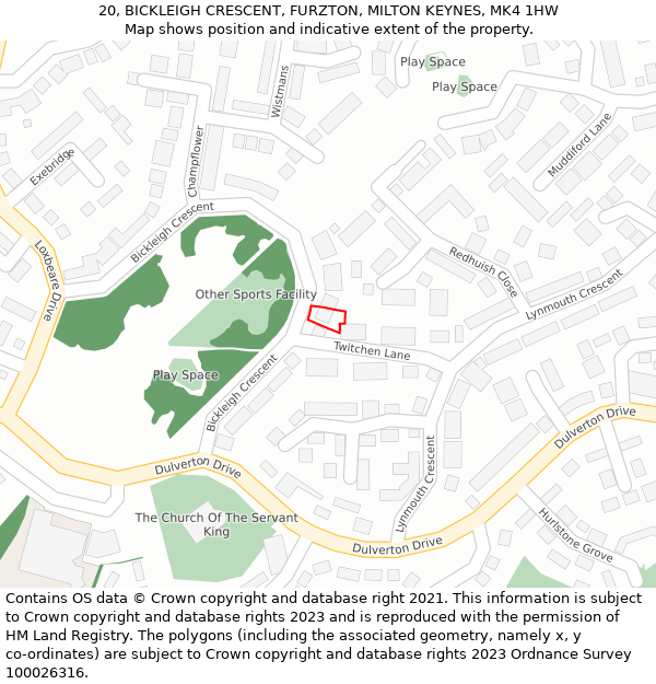 20, BICKLEIGH CRESCENT, FURZTON, MILTON KEYNES, MK4 1HW: Location map and indicative extent of plot