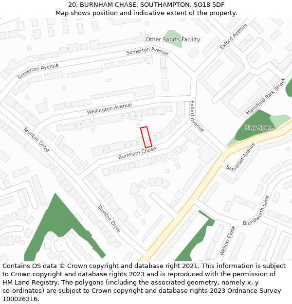 20, BURNHAM CHASE, SOUTHAMPTON, SO18 5DF: Location map and indicative extent of plot