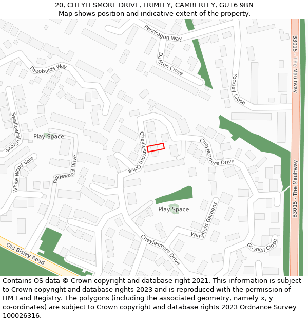 20, CHEYLESMORE DRIVE, FRIMLEY, CAMBERLEY, GU16 9BN: Location map and indicative extent of plot