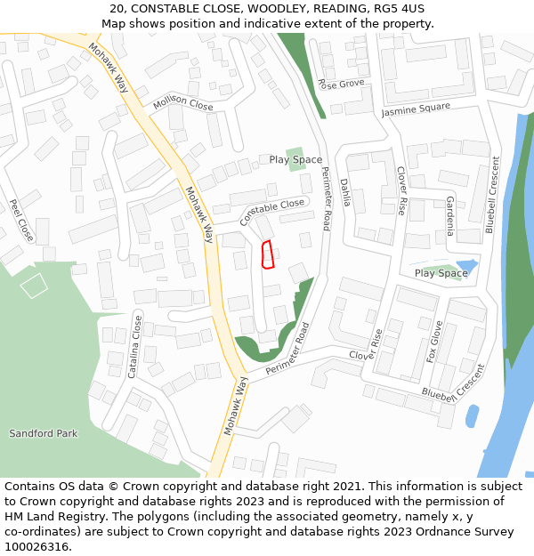 20, CONSTABLE CLOSE, WOODLEY, READING, RG5 4US: Location map and indicative extent of plot