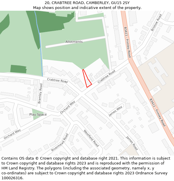 20, CRABTREE ROAD, CAMBERLEY, GU15 2SY: Location map and indicative extent of plot