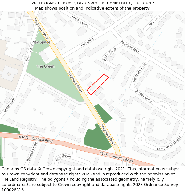 20, FROGMORE ROAD, BLACKWATER, CAMBERLEY, GU17 0NP: Location map and indicative extent of plot